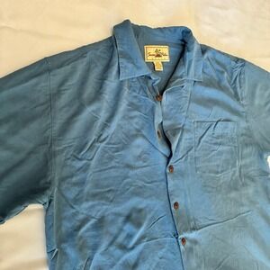 Seven Palm Button Shirt Men's Cobalt Blue 100% Silk Large Wood Button Casual